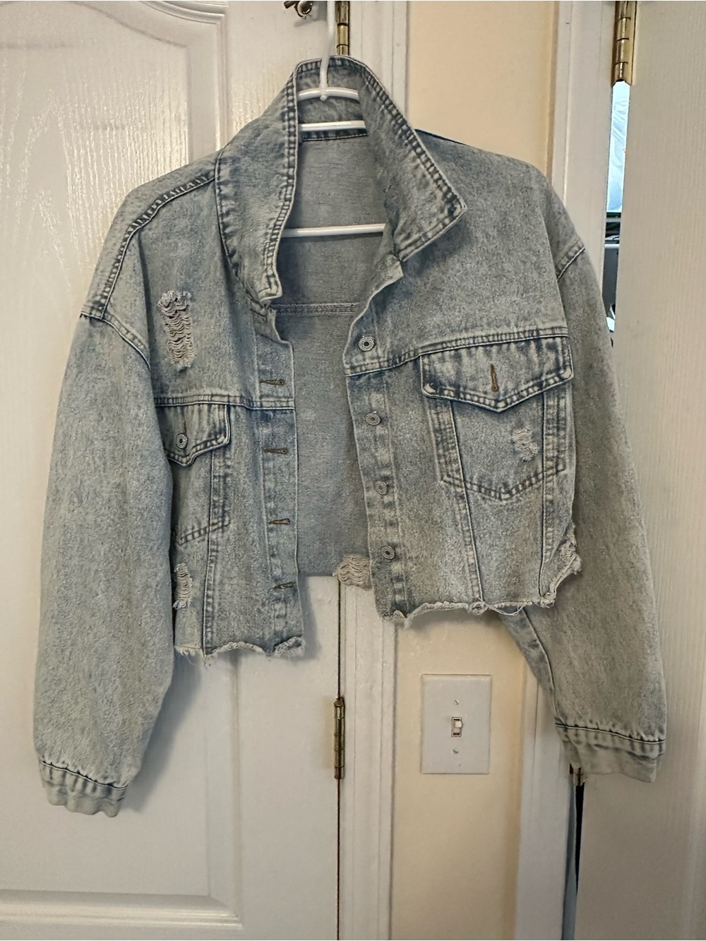 SHEIN Distressed Cropped Light Wash Denim Jacket - Women